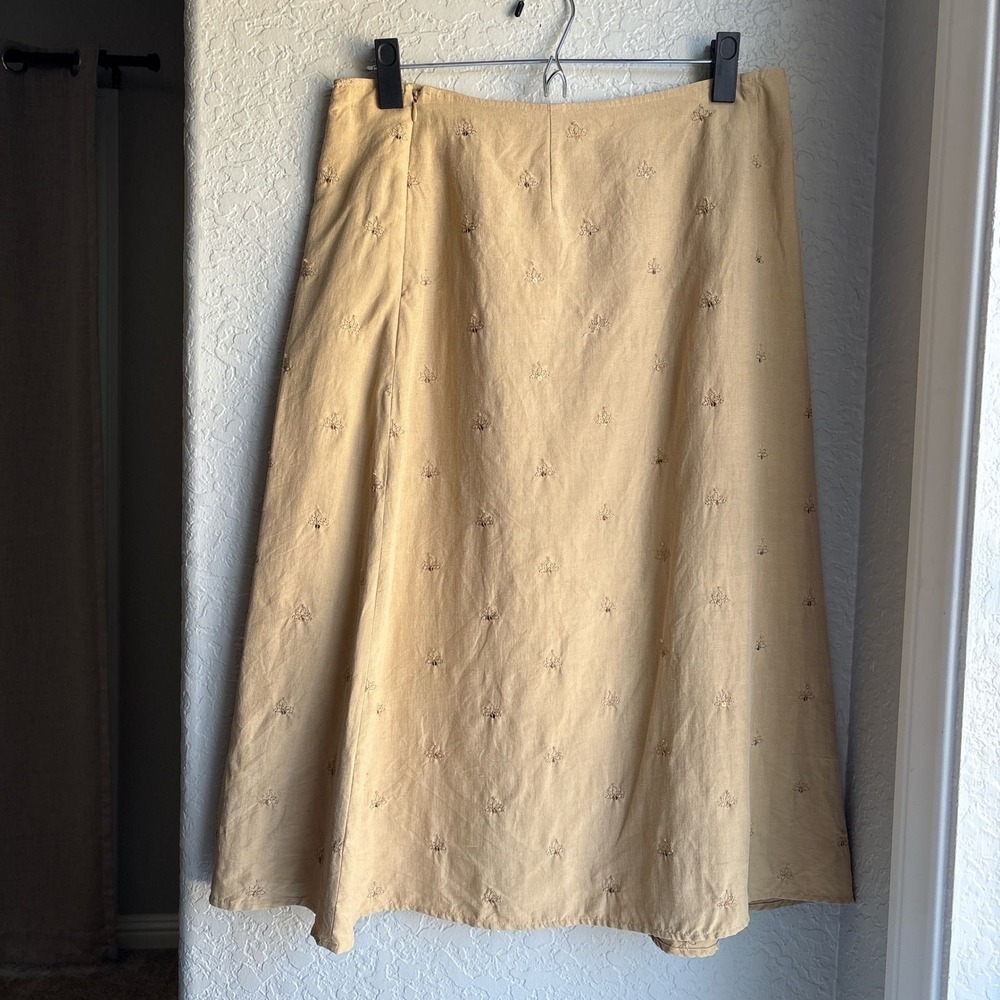 Vintage Womens 10 Silk Linen Midi Skirt Tan Embroidered Beaded Sequin A-Line - Picture 4 of 10